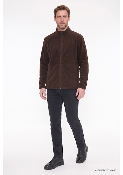 Ac&Co / Altınyıldız Classics Erkek Kahverengı Anti-pilling Tüylenme Yapmayan Standart Fit Bato Yaka Sweatshirt Polar Ceket Kahverengi