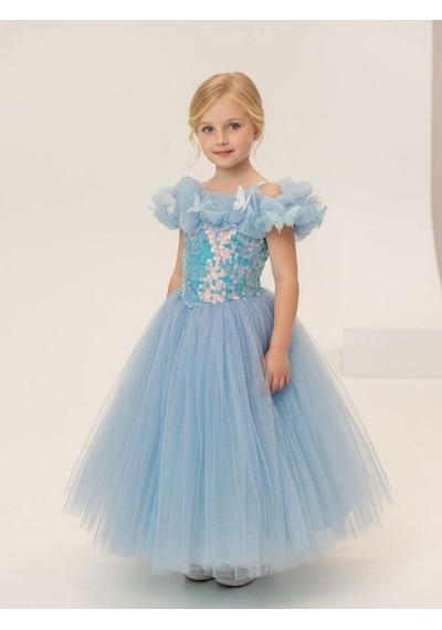 Zekids Kız Çocuk Kelebek Detaylı Tül Abiye Elbise-17246 Mavi