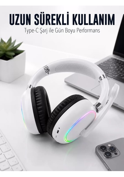 Northcity Beyaz Bluetooth 5.0 Mikrofonlu Kablosuz Kulak Üstü Kulaklık Rgb Işıklı Type-c Şarjlı