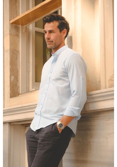 Hakim Yaka Slim Fit Keten Hediye Kutulu Erkek Gömlek Fs-003042 - Mavi-2194 MAVİ