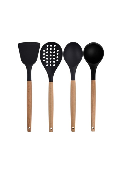 Siyah Bambu Silikon 6'li Mutfak Seti, Kepçe, Kaşık, Kevgir, Makarna Kavanozu, Spatula, Silikon Kaşık Diğer