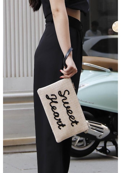 Silver Polo Sp1034 Kadın Portföy & Clutch Dokuma Hasır Bej-siyah
