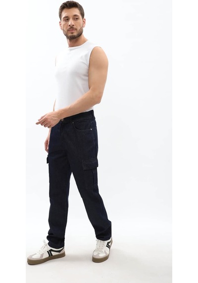 Blue White Erkek Kargo Cepli Lacivert Jean Pantolon