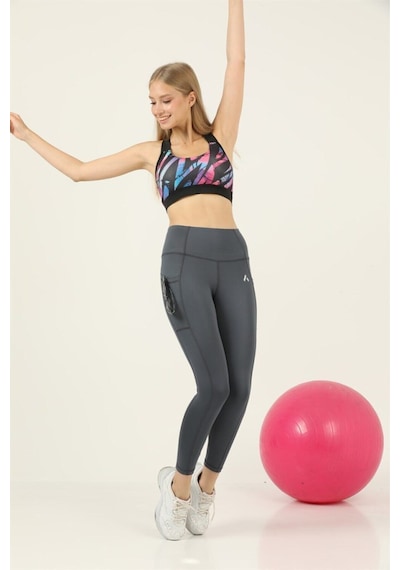 Kadın Antrasit Yüksek Bel Toparlayıcı Çift Cepli Spor Tayt Bilek Boy Boy Slim Fit Görünüm 1057 Antrasit