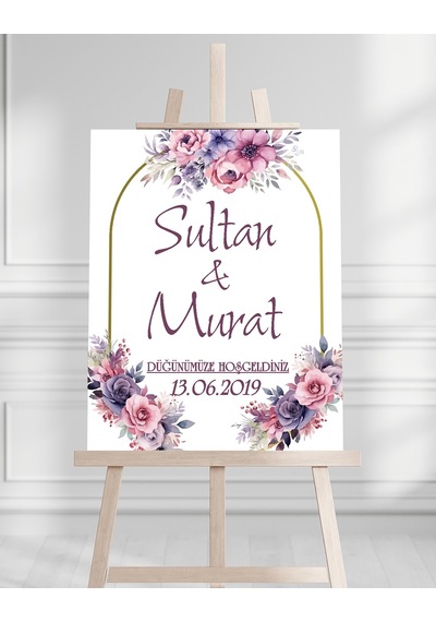 Söz Nişan Düğün İçin 50x70 Karşılama Panosu - Renkli Çiçek Tasarımlı 001 Beyaz