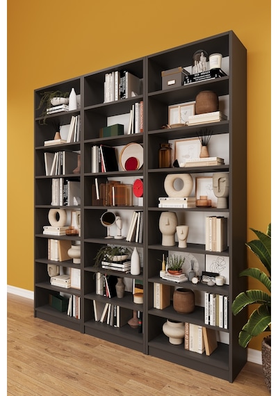 Asra Trend K-27 %100 MDF 180 cm 3 Modüllü Kitaplık 21 Raflı Dev Kütüphane Koyu Gri