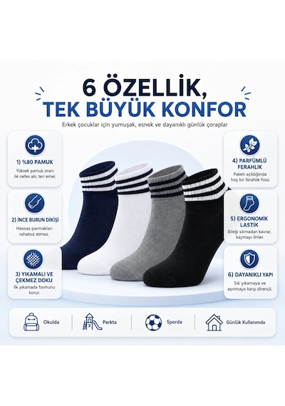 Erkek Çocuk 8'li Pamuklu Çizgili Patik Çorap Nefes Alan Esnek Günlük Spor Okul Çorabı Rahat Ve Dayanıklı
