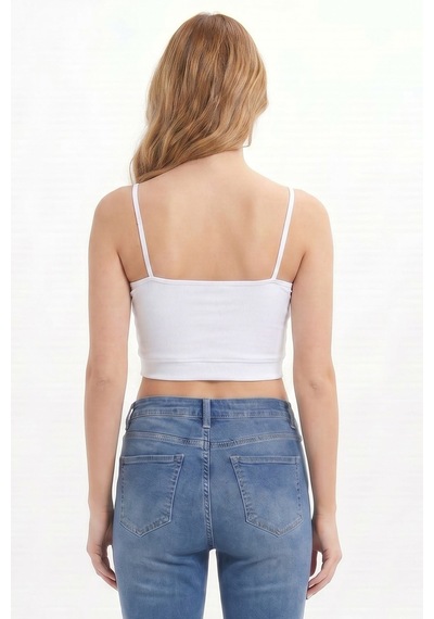 Tudors Kadın Slim Fit Dar Kesim Pamuklu İnce Askılı Beyaz Crop Atlet-51095