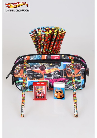 Yeni Sezon Lisanslı Hot Wheels Kalem Çantası,2 Adet Kurşun Kalem,silgi Ve Çift Bıçaklı Kalemtraş Kırtasiye Seti Altın