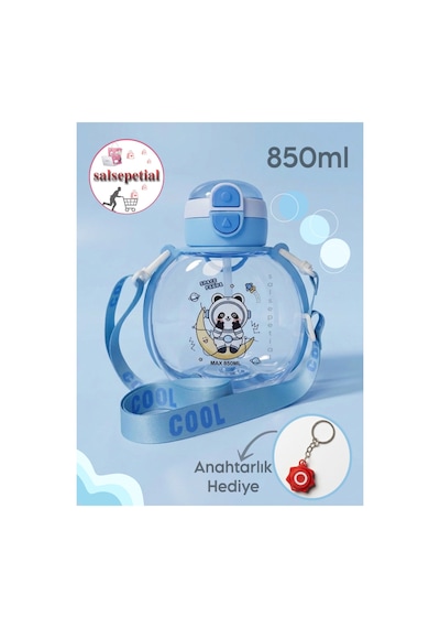 Panda Su Matarası Pandalı Suluk Figürlü Su Şişesi Panda Matara Askılı Pipetli Matara 850ml Mavi