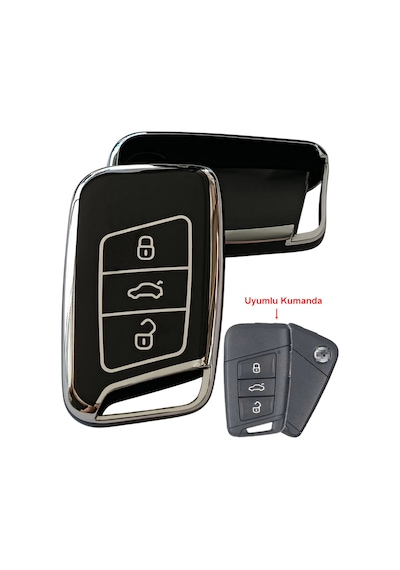 Volkswagen Passat B8 Skoda Superb Kodiaq Uyumlu Smart Anahtar Kılıfı Oto Anahtarlık Siyah Silver