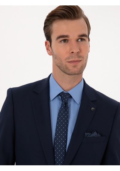 Cacharel Lacivert Slim Fit Yün Karışımlı Mikro Desenli Takım Elbise