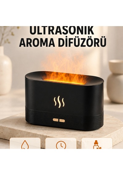 Ultrasonik Aromaterapi Difüzörü 180 Ml Hazneli Dekoratif Alev Efektli Nemlendirici