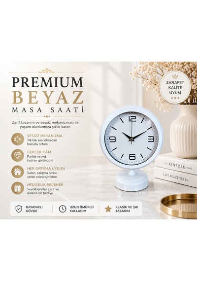 Premium Beyaz 25 X 20 Cm Metal Masa Saati Ceviz