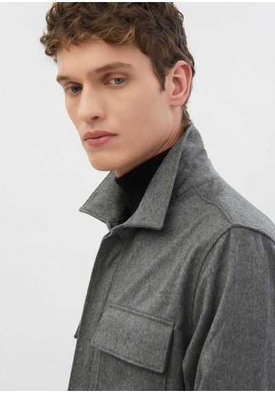 Ramsey Gri Düz Regular Fit Uzun Dokuma %100 Kaşmir Overshirt gri grey