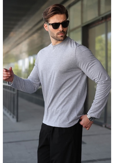 Madmext Grimelanj Pamuklu Slim Fit Erkek Tişört E7187 Gri Melanj