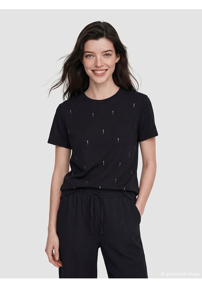 Lcw Comfort Siyah Bisiklet Yaka Taşlı Kadın Tişört