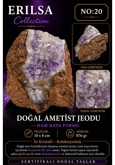 Sertifikalı Ametist Jeodu Taşı Kütle İri Kristalli Ham Kaya Mor A