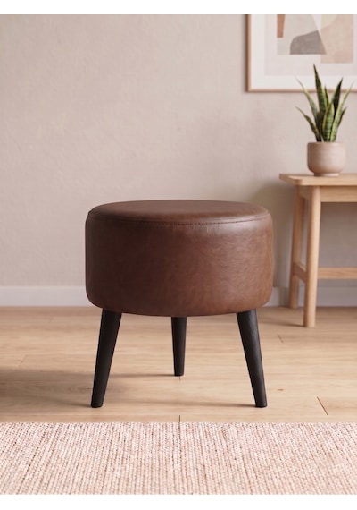 Modern Acı Kahve Deri Puf Tabure Ahşap Siyah Ayaklı Yuvarlak Puf 40x42 Cm Kahverengi