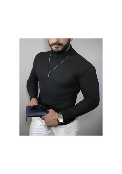 Genel Markalar Erkek Kaşkorse Boğazlı Full Likralı Fitilli Body Kazak - Siyah