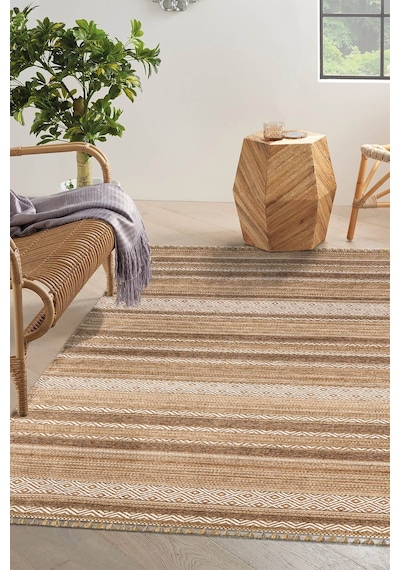 Ekru Renkli Kaymaz Tabanlı Yıkanabilir Makine Dokuma Kilim-204 Sarı