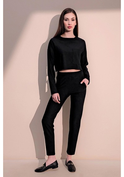 WeShaya Kadın Siyah Kendinden Dokulu Cepli Crop Sweatshirt, Salaş Kesim Siyah
