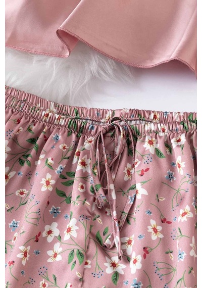 Merry See Dantel İşlemeli Çiçek Desenli Şort Pijama Takımı Pembe