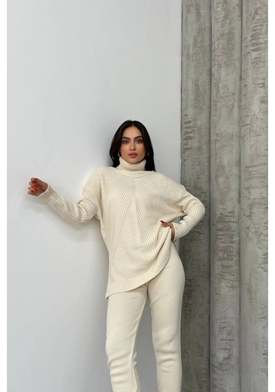 Neşeli Butik Kadın Bej Fitilli Balıkçı Yaka Alt Üst Triko Takım Nbdm1215