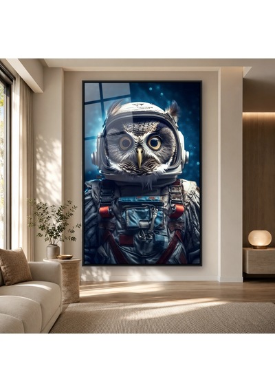 Astronot Kasklı Baykuş Siyah Çerçeveli Cam Tablo