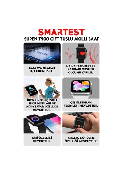 Supen Son Sürüm T500 Çift Tuş Akıllı Saat Ios Andorid Destekli Arama Özelliği Sensörlü