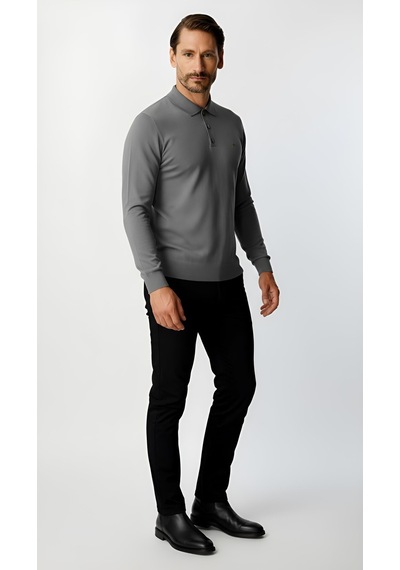 İgs Gri Standart Fit Dar Kalıp Polo Yaka Düz Uzun Kollu Rayon Triko-21896 Gri