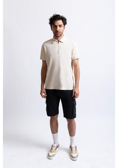 Premium Polo Yaka Fermuarlı Tişört Krem