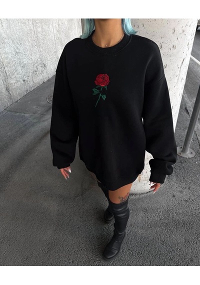 Mbb E-ticaret Kadın Oversize Kapüşonlu Cepli Gül Baskılı 3 İplik Pamuklu Hoodie Sweatshirt - Siyah