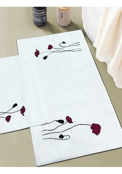 Vallmo Ekru 2li Gül Nakışlı Pamuklu Banyo Paspası Renkli