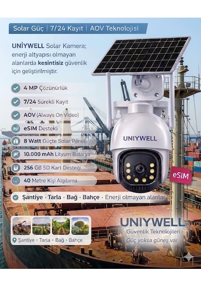 Uniywell Avo 4 Mp Solar Panelli 4g Ve Esım Destekli Kablosuz Güvenlik Kamerası Internet Paketi + 64 Gb Sd Kart l