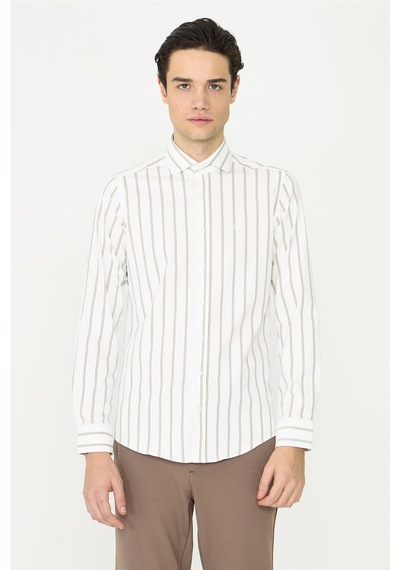 Bej Çizgili Uzun Kollu Gömlek Slim Fit Beyaz-kahve