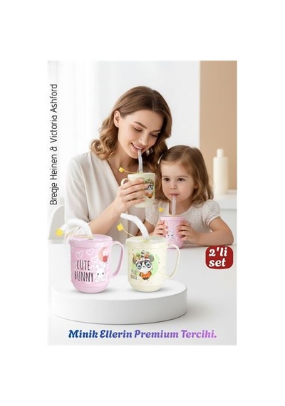 Zenvac 2'li Set Pipetli Kupa Kulplu Çocuk Bardağı - Anti-damla Kapaklı - 350 Ml Alıştırma Bardağı 718282 Zen