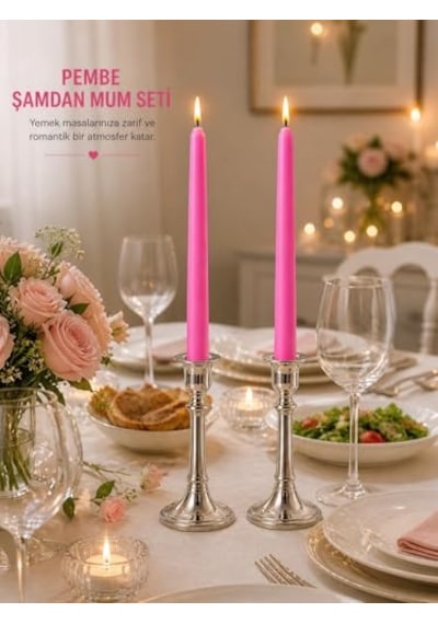 2'li Pembe Şamdan Mum Seti 25 Cm Dekoratif İnce Şamdan Mum, Kokusuz Parafin Wax,%100 Pamuk Fitil, El Döküm, Uzu Diğer
