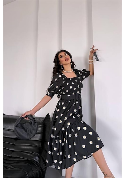 Neşeli Butik Kadın Kemerli Kare Yaka Çiçekli Midi Boy Elbise Nbks4104 Siyah