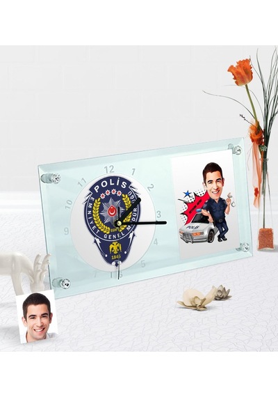Kişiye Özel Bay Trafik Polisi Karikatürlü Masaüstü Cam Saat - 1