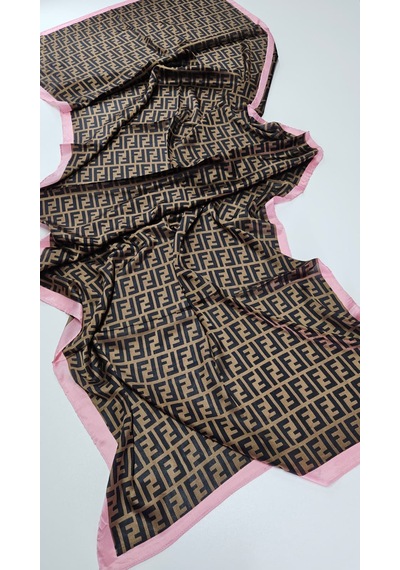 Miorel Scarfs F Desen İthal Vual İpek Şal Aksesuar Fular Silk Scarfs Shawl Hijab Kahve - Pembe Kenar