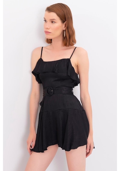 Soft Yumuşak Ince Çizgi Dokulu Fırfırlı Kemerli Astarı Şortlu Yazlık Saten Tulum Mat Siyah Siyah Soft Yumuşak Ince Çizgi Dokulu Fırfırlı Kemerli Astarı Şortlu Yazlık Saten Tulum Mat Siyah Siyah