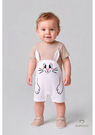 Babyden's Tavşan Baskılı Şortlu Erkek Bebek Tulum %100 Pamuk Yazlık Kısa Kollu Çıtçıtlı Yenidoğan Bebek Tulumu 0-9 Ay Bej