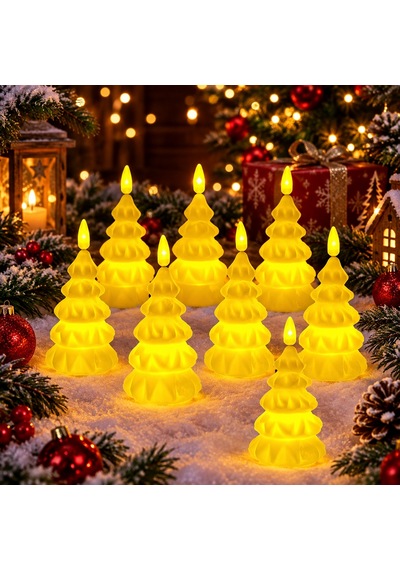 Vıp 9 Adet Yılbaşı Ağacı Şeklinde Mum Led Işıklı Mum Yılbaşı Mumu Çam Ağacı Mumu Işıklı Noel Mumu