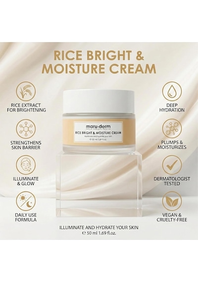 Maruderm Pirinç Özlü Aydınlatıcı & Nemlendirici Krem Seramid & Hyaluronik Asit İle Pürüzsüz Ve Parlak Görünüm İçin Yüz Kremi, 50 Ml