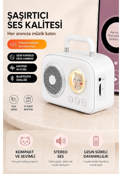 Taşınabilir Özel Tasarım Güçlü Ses 5w Kedi Figürlü Bluetooth, Aux, Tf Kart Destekli Hoparlör
