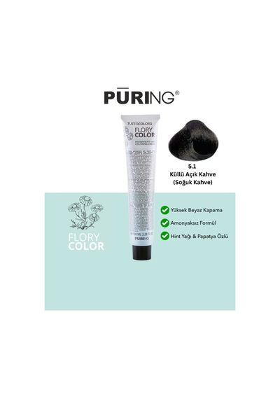 Purıng Flory Color Papatya Özlü Amonyaksız Saç Boyası 100ml - 5.1 Küllü Açık Kahve Soğuk Kahve
