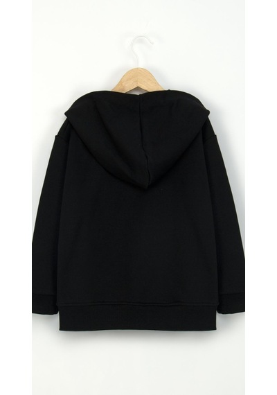 Çocuk 3 İplik Şardonsuz Kapüşonlu Fermuarlı Sweatshirt Günlük Rahat Hırka-4013 Siyah