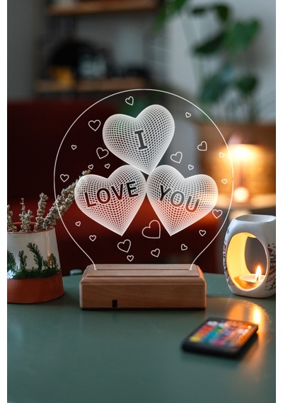 Sevgiliye 3 Kalp I Love You 16 Renk Kumandalı 3d Gece Lambası Çok Renkli