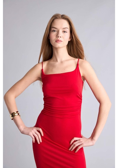 Defacto Bodycon Vücudu Saran Kare Yaka Askılı Maxi Elbise H6454ax26smrd357 Kırmızı-rd357